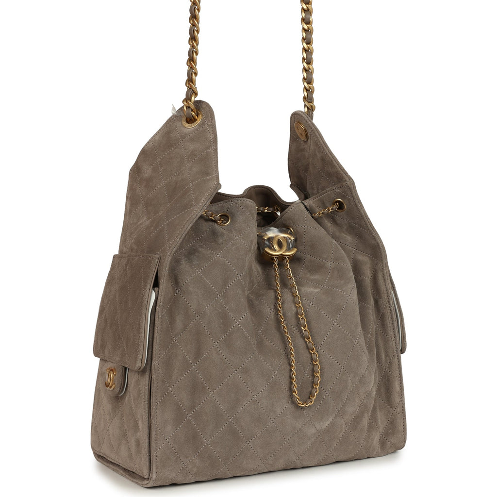 Medium 25 Hobo Bag Dark Grey Suede Antique Gold Hardware