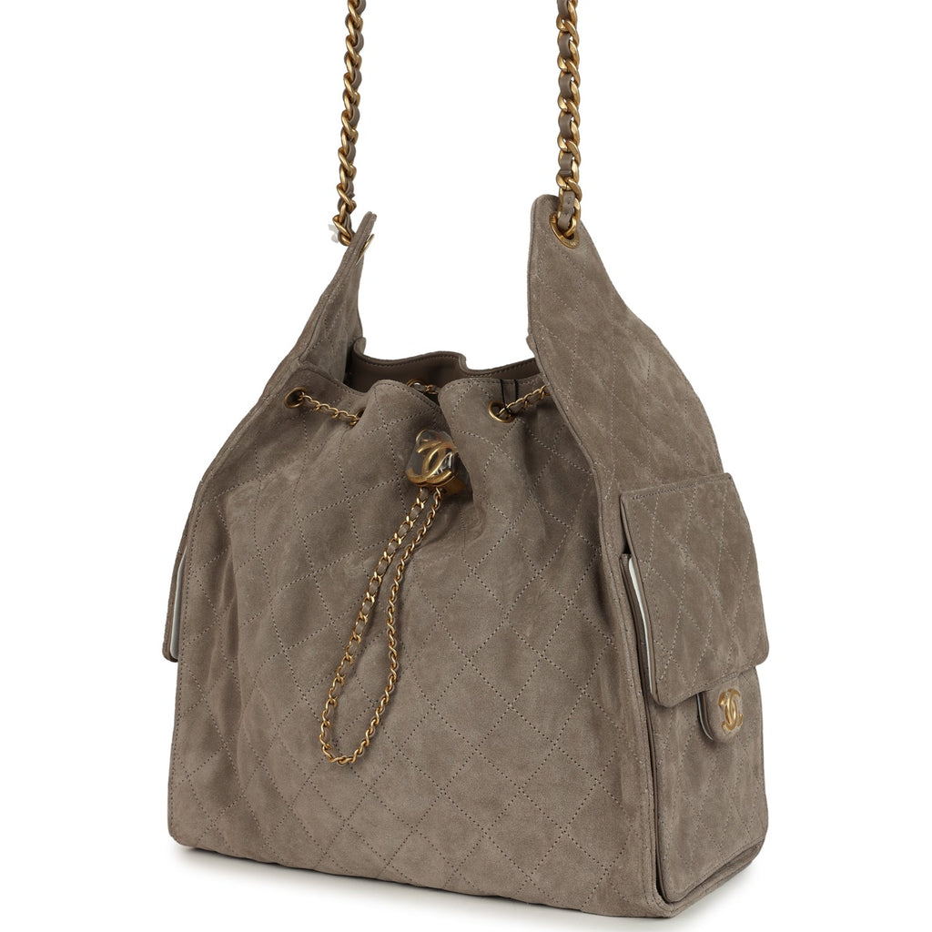 Medium 25 Hobo Bag Dark Grey Suede Antique Gold Hardware