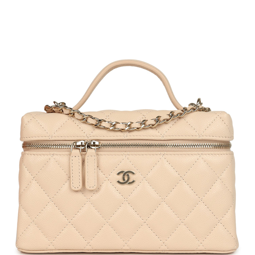 Top Handle Long Vanity Case with Chain Light Beige Shiny Caviar Light Gold Hardware