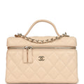 Top Handle Long Vanity Case with Chain Light Beige Shiny Caviar Light Gold Hardware