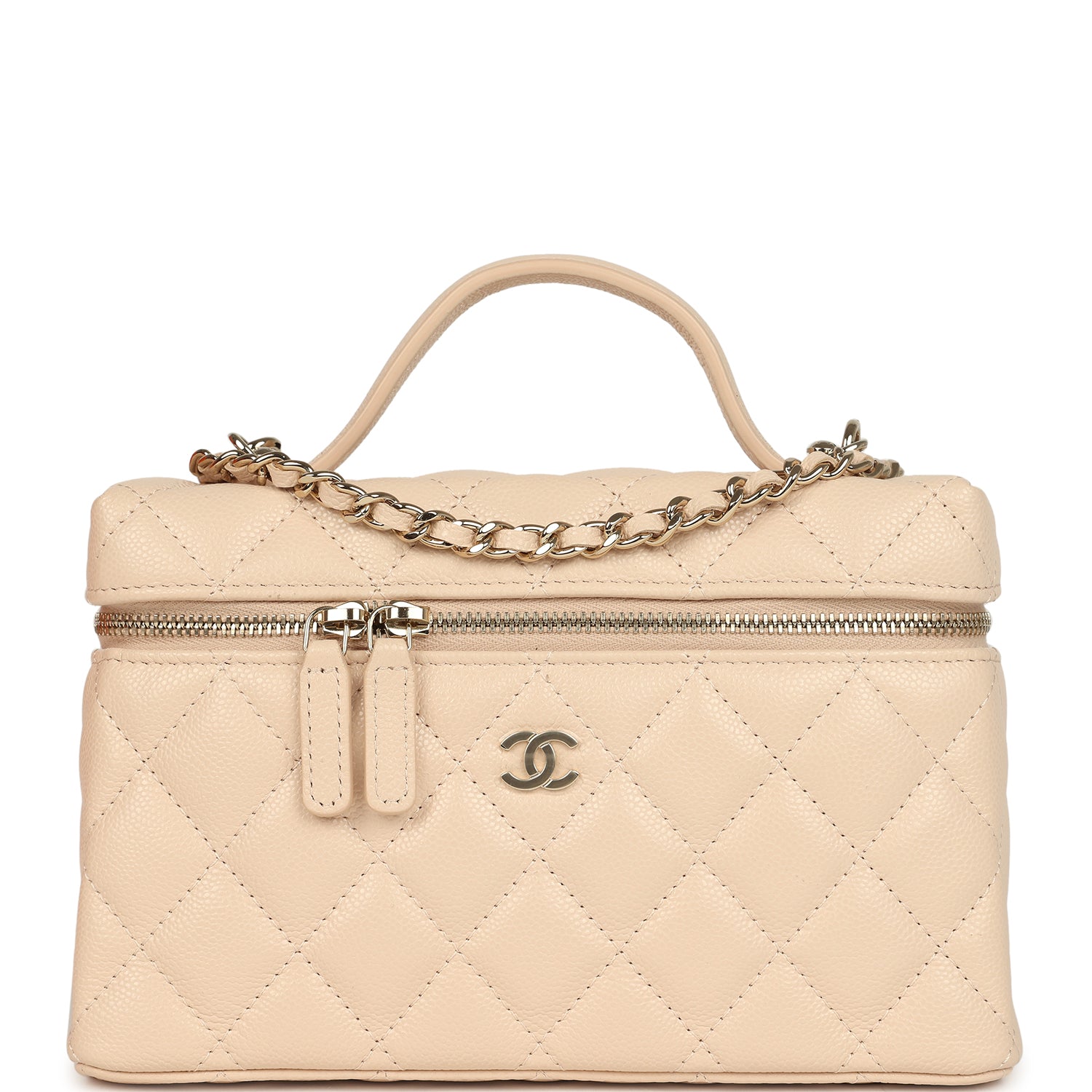 Top Handle Long Vanity Case with Chain Light Beige Shiny Caviar Light Gold Hardware