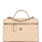 Top Handle Long Vanity Case with Chain Light Beige Shiny Caviar Light Gold Hardware