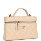 Top Handle Long Vanity Case with Chain Light Beige Shiny Caviar Light Gold Hardware
