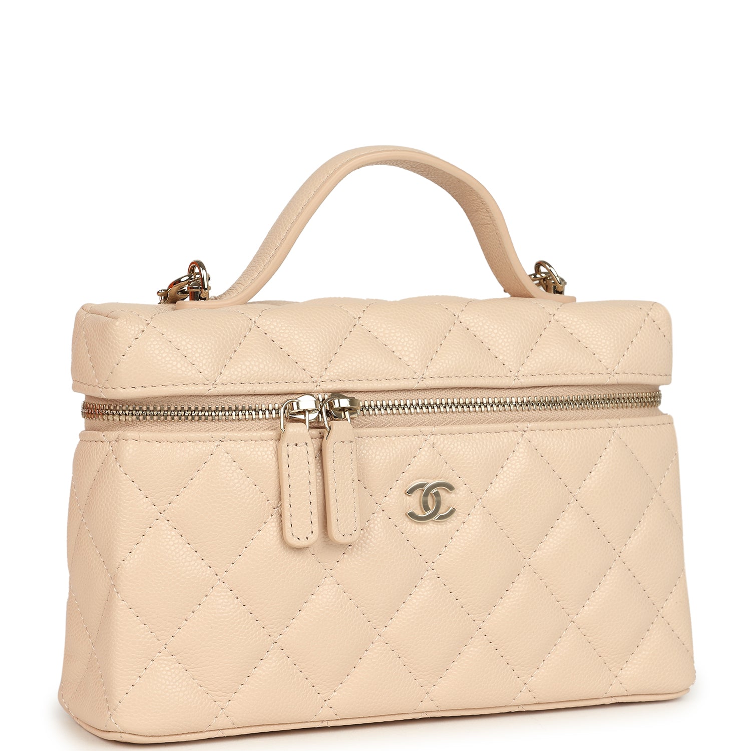 Top Handle Long Vanity Case with Chain Light Beige Shiny Caviar Light Gold Hardware