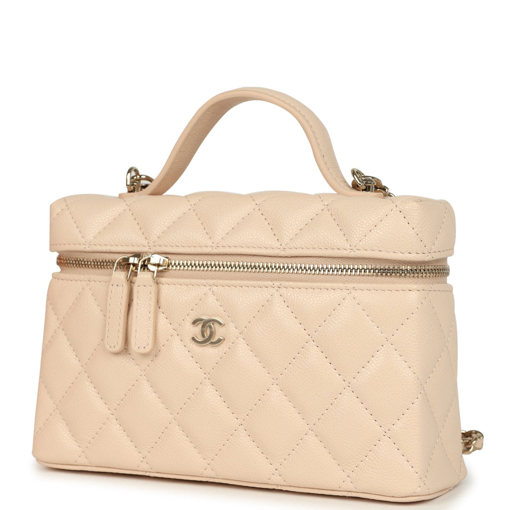 Top Handle Long Vanity Case with Chain Light Beige Shiny Caviar Light Gold Hardware
