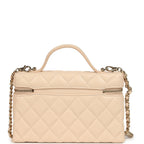Top Handle Long Vanity Case with Chain Light Beige Shiny Caviar Light Gold Hardware