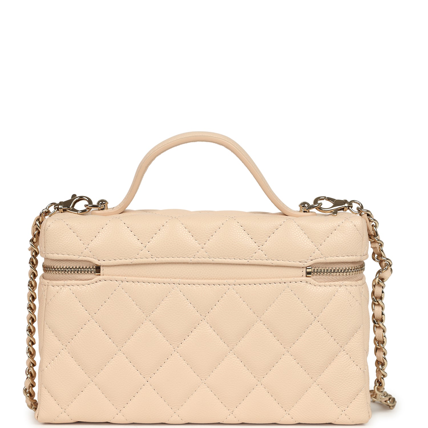 Top Handle Long Vanity Case with Chain Light Beige Shiny Caviar Light Gold Hardware