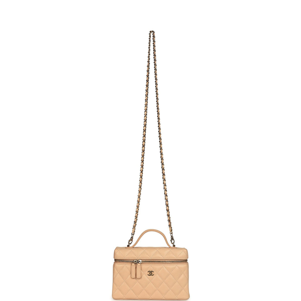 Top Handle Long Vanity Case with Chain Light Beige Shiny Caviar Light Gold Hardware