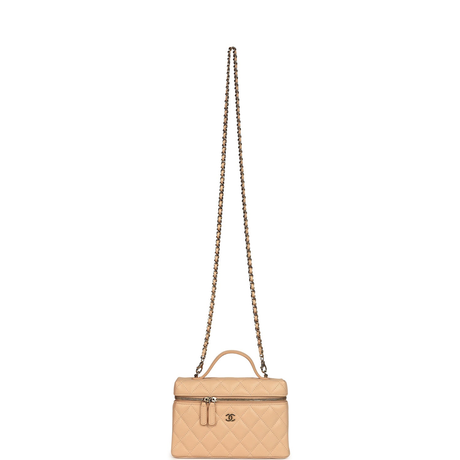 Top Handle Long Vanity Case with Chain Light Beige Shiny Caviar Light Gold Hardware