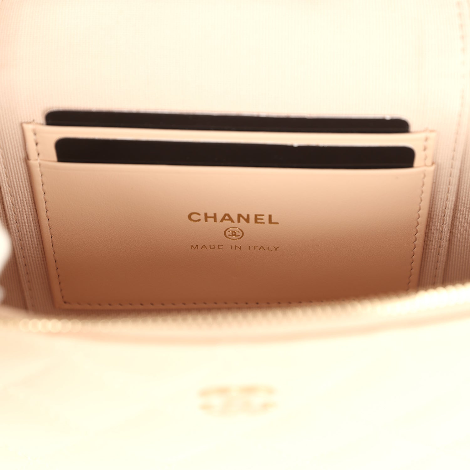Top Handle Long Vanity Case with Chain Light Beige Shiny Caviar Light Gold Hardware