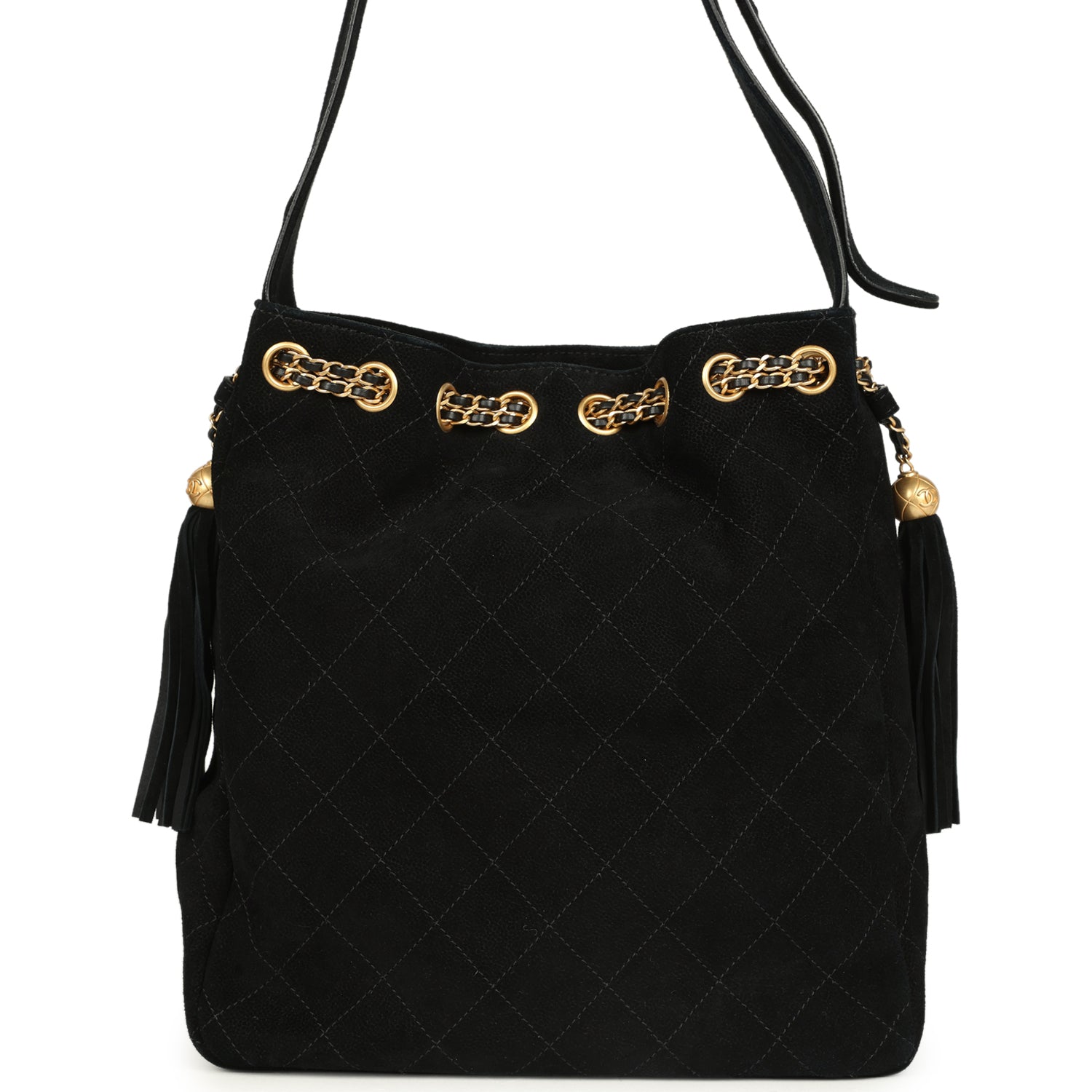 Large Drawstring Bucket Bag Black Suede Gold Hardware