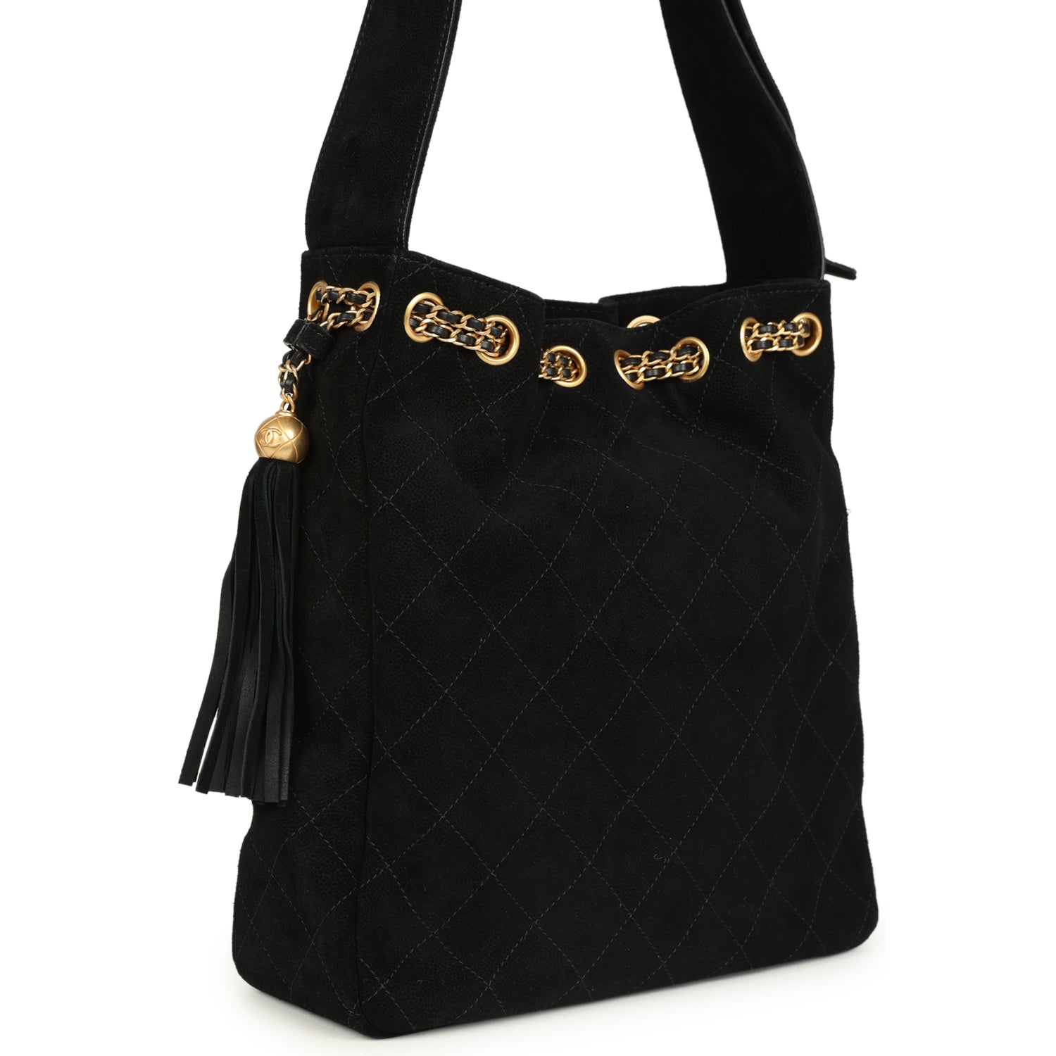 Large Drawstring Bucket Bag Black Suede Gold Hardware