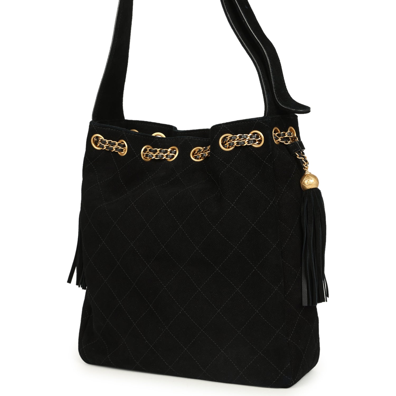 Large Drawstring Bucket Bag Black Suede Gold Hardware
