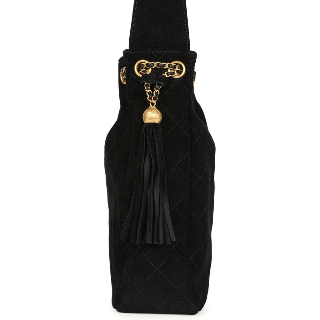 Large Drawstring Bucket Bag Black Suede Gold Hardware