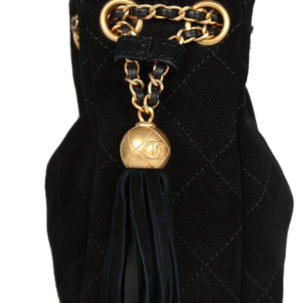 Large Drawstring Bucket Bag Black Suede Gold Hardware