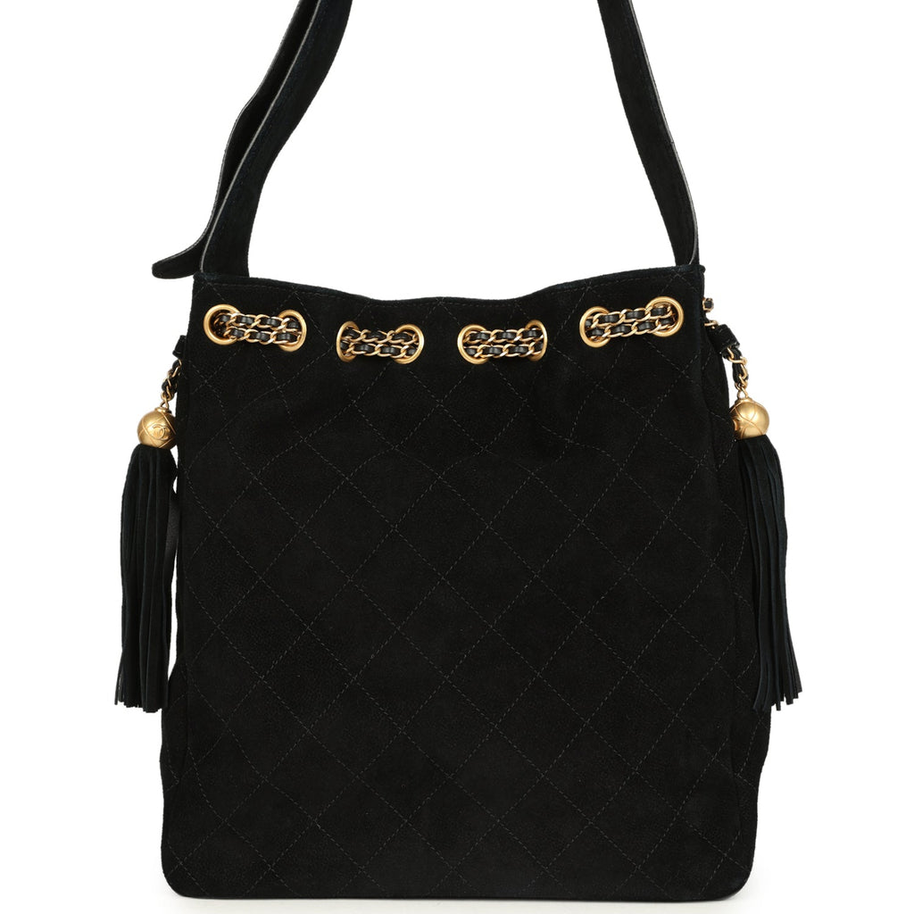 Large Drawstring Bucket Bag Black Suede Gold Hardware