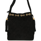 Large Drawstring Bucket Bag Black Suede Gold Hardware