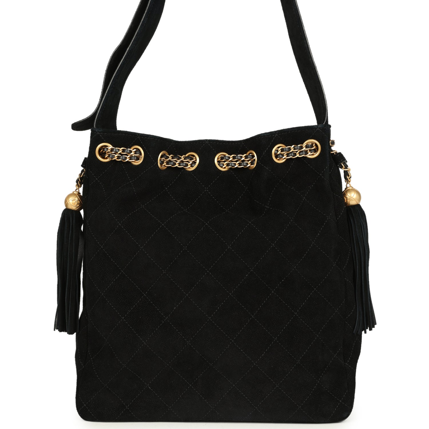 Large Drawstring Bucket Bag Black Suede Gold Hardware