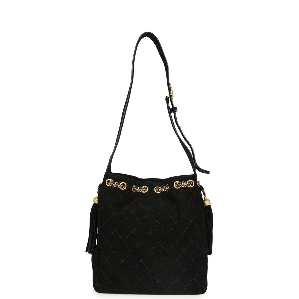 Large Drawstring Bucket Bag Black Suede Gold Hardware