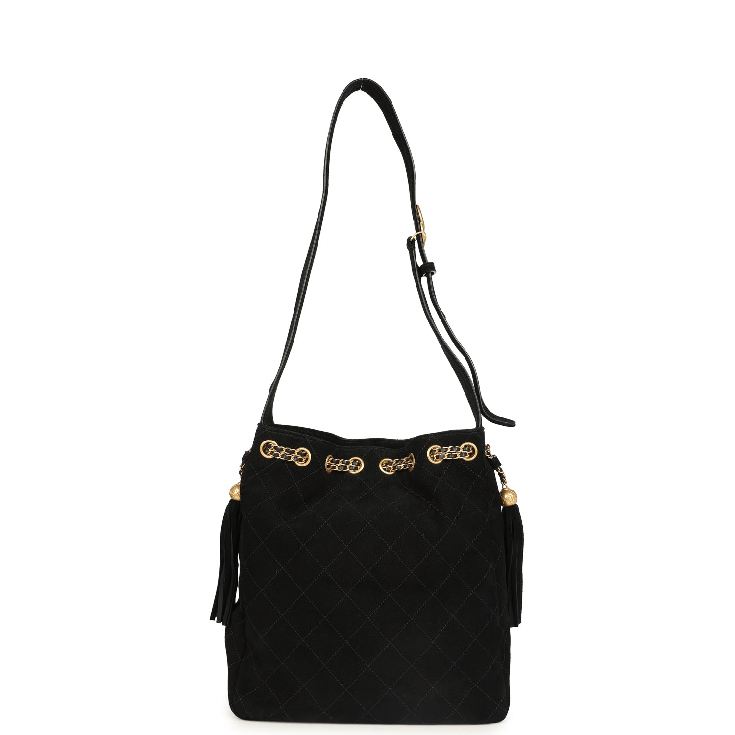 Large Drawstring Bucket Bag Black Suede Gold Hardware