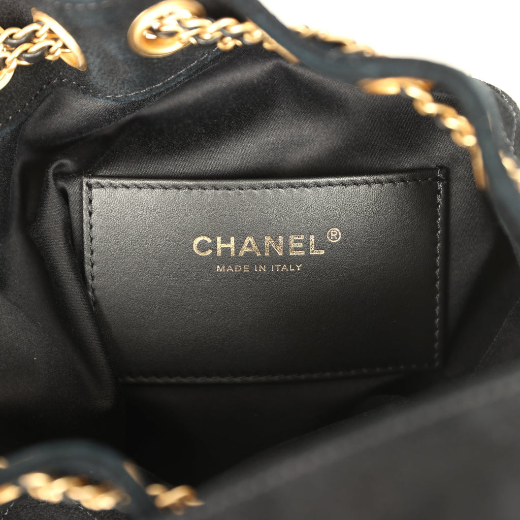 Large Drawstring Bucket Bag Black Suede Gold Hardware