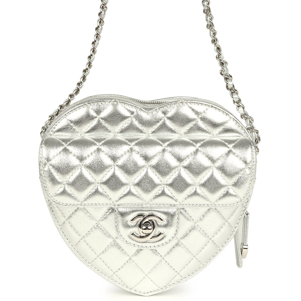 CC In Love Large Heart Bag with Chain Silver Metallic Lambskin Silver Hardware