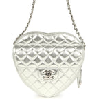 CC In Love Large Heart Bag with Chain Silver Metallic Lambskin Silver Hardware