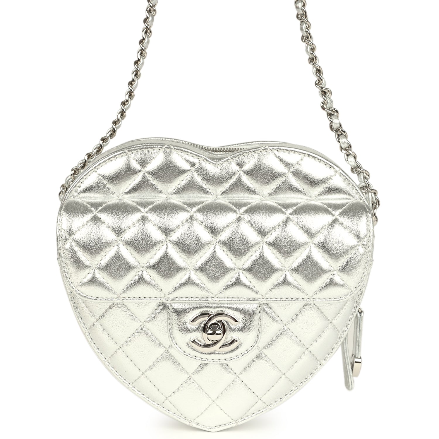 CC In Love Large Heart Bag with Chain Silver Metallic Lambskin Silver Hardware