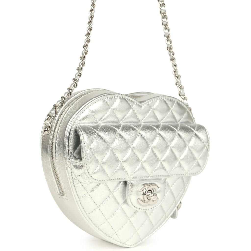 CC In Love Large Heart Bag with Chain Silver Metallic Lambskin Silver Hardware