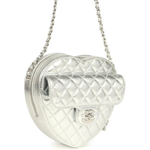 CC In Love Large Heart Bag with Chain Silver Metallic Lambskin Silver Hardware