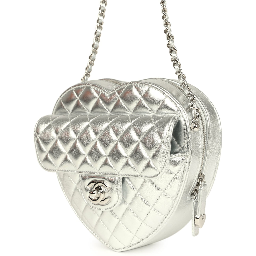CC In Love Large Heart Bag with Chain Silver Metallic Lambskin Silver Hardware