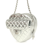 CC In Love Large Heart Bag with Chain Silver Metallic Lambskin Silver Hardware