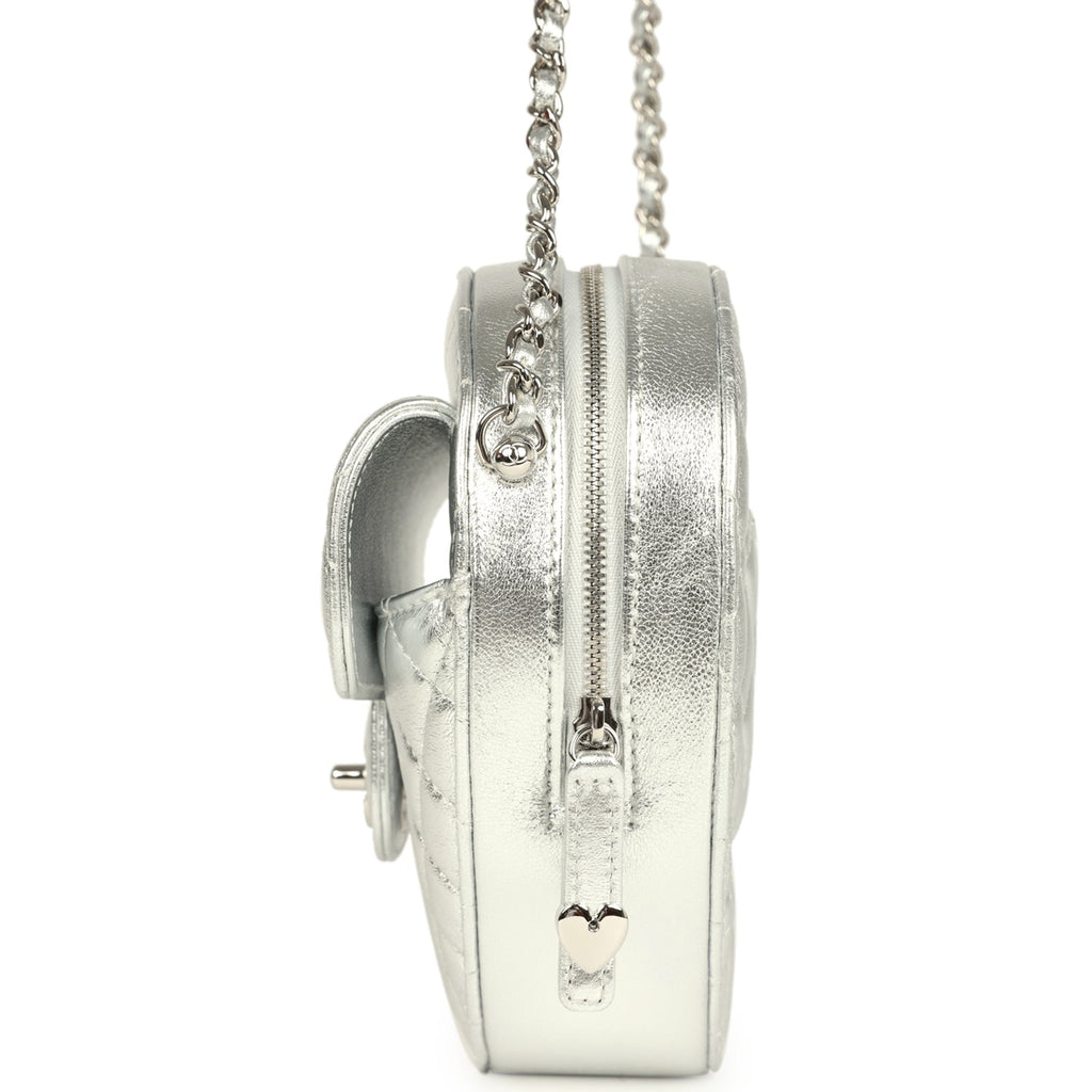 CC In Love Large Heart Bag with Chain Silver Metallic Lambskin Silver Hardware