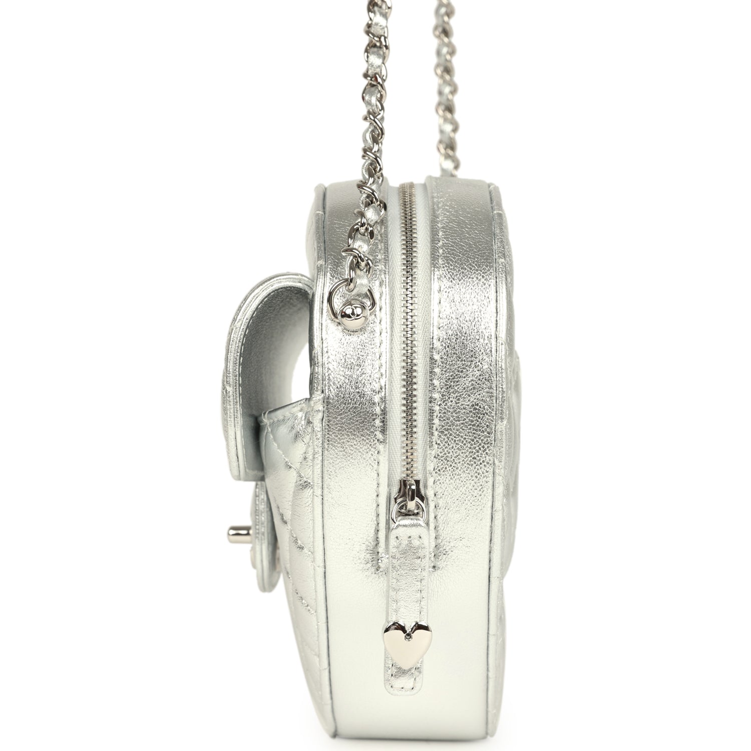CC In Love Large Heart Bag with Chain Silver Metallic Lambskin Silver Hardware