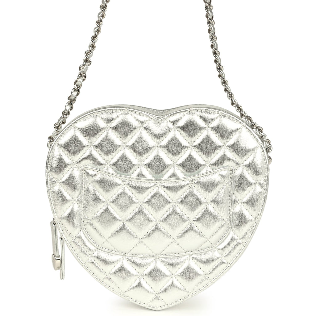 CC In Love Large Heart Bag with Chain Silver Metallic Lambskin Silver Hardware