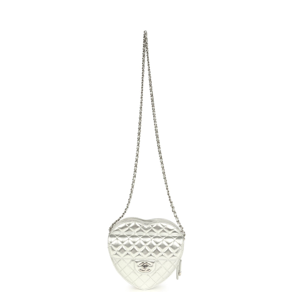 CC In Love Large Heart Bag with Chain Silver Metallic Lambskin Silver Hardware