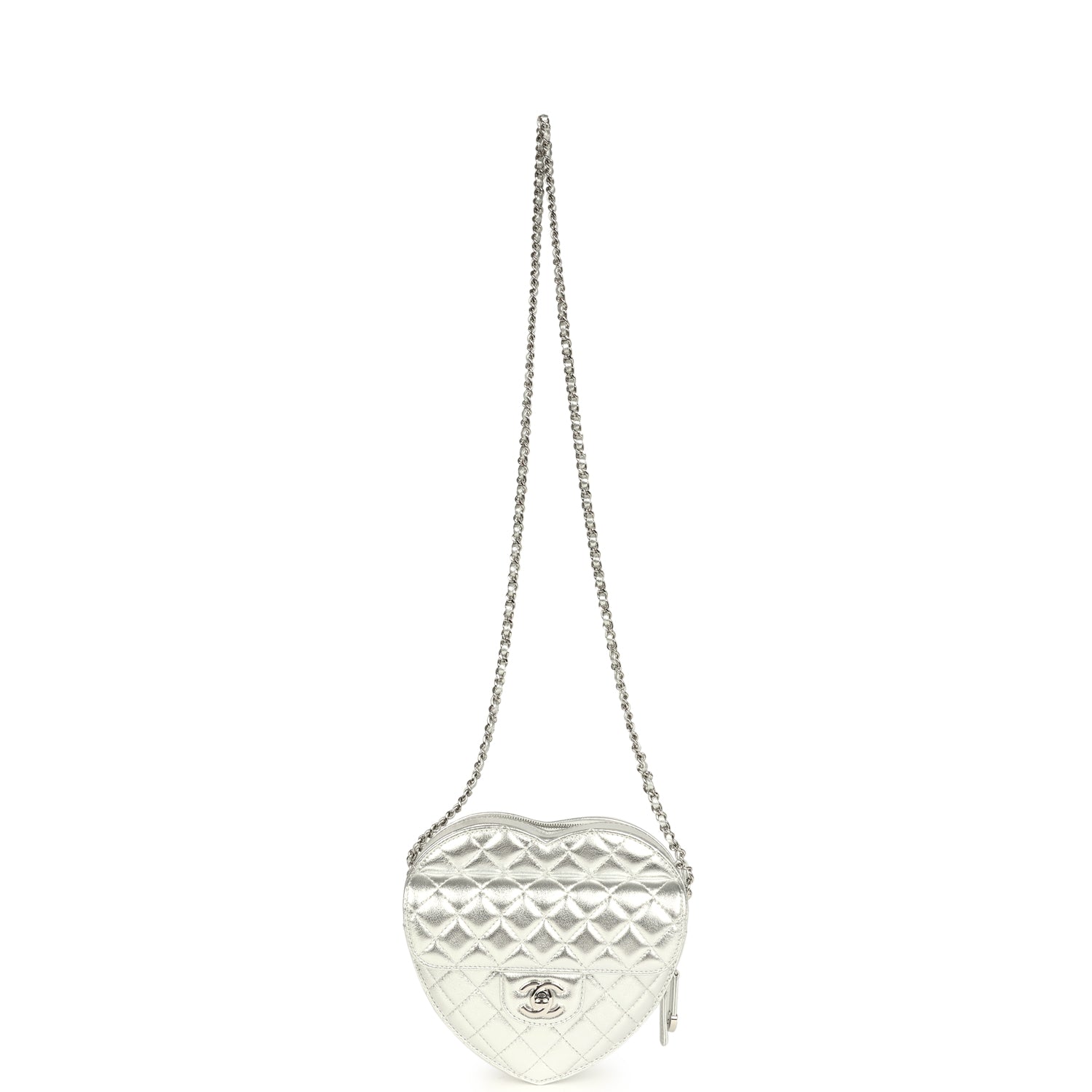 CC In Love Large Heart Bag with Chain Silver Metallic Lambskin Silver Hardware