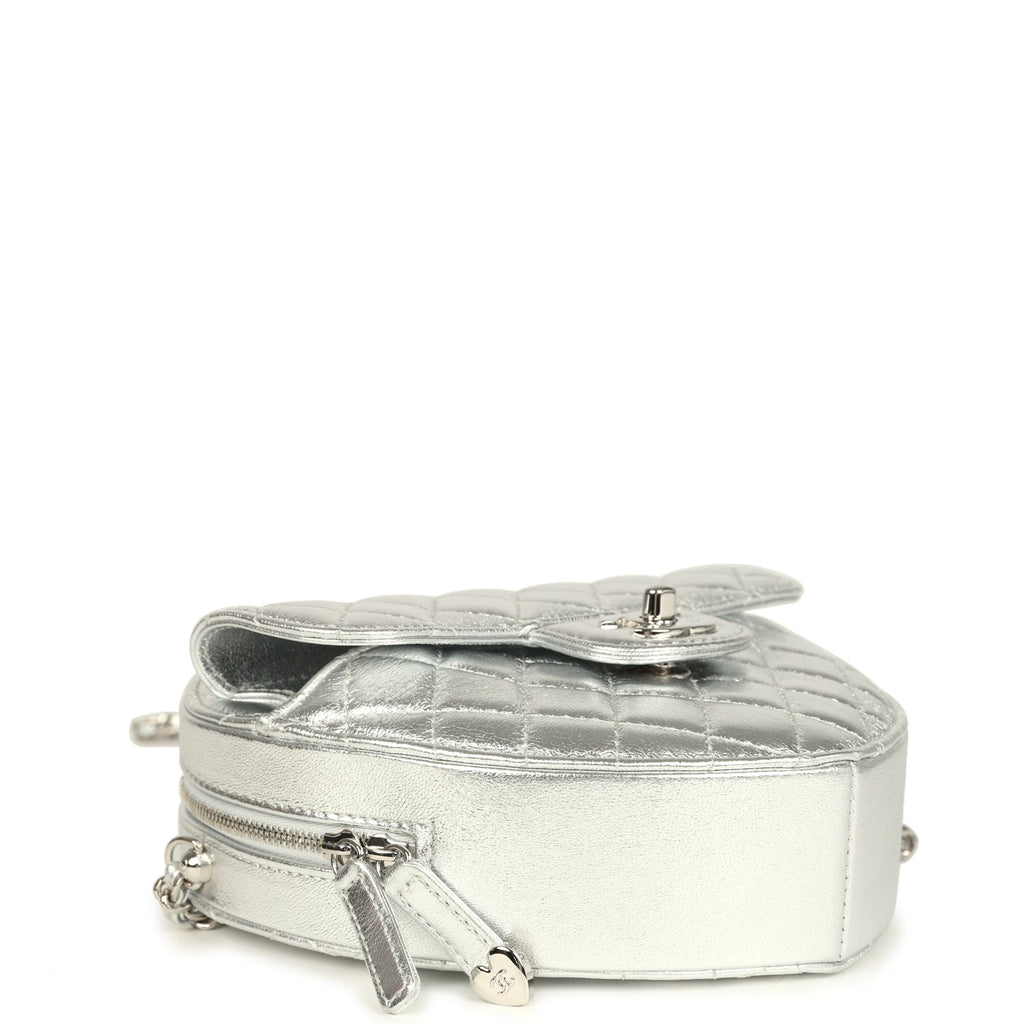 CC In Love Large Heart Bag with Chain Silver Metallic Lambskin Silver Hardware