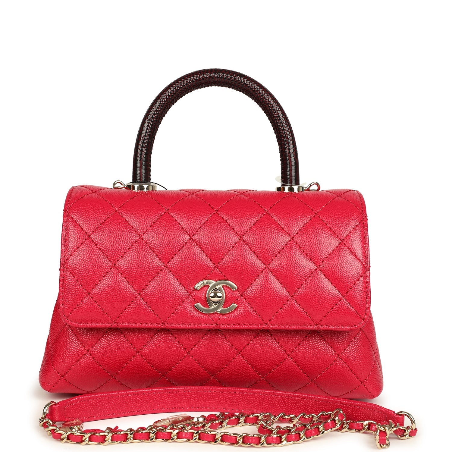 Mini Coco Top Handle Flap Bag Dark Red Shiny Caviar and Burgundy Lizard Light Gold Hardware
