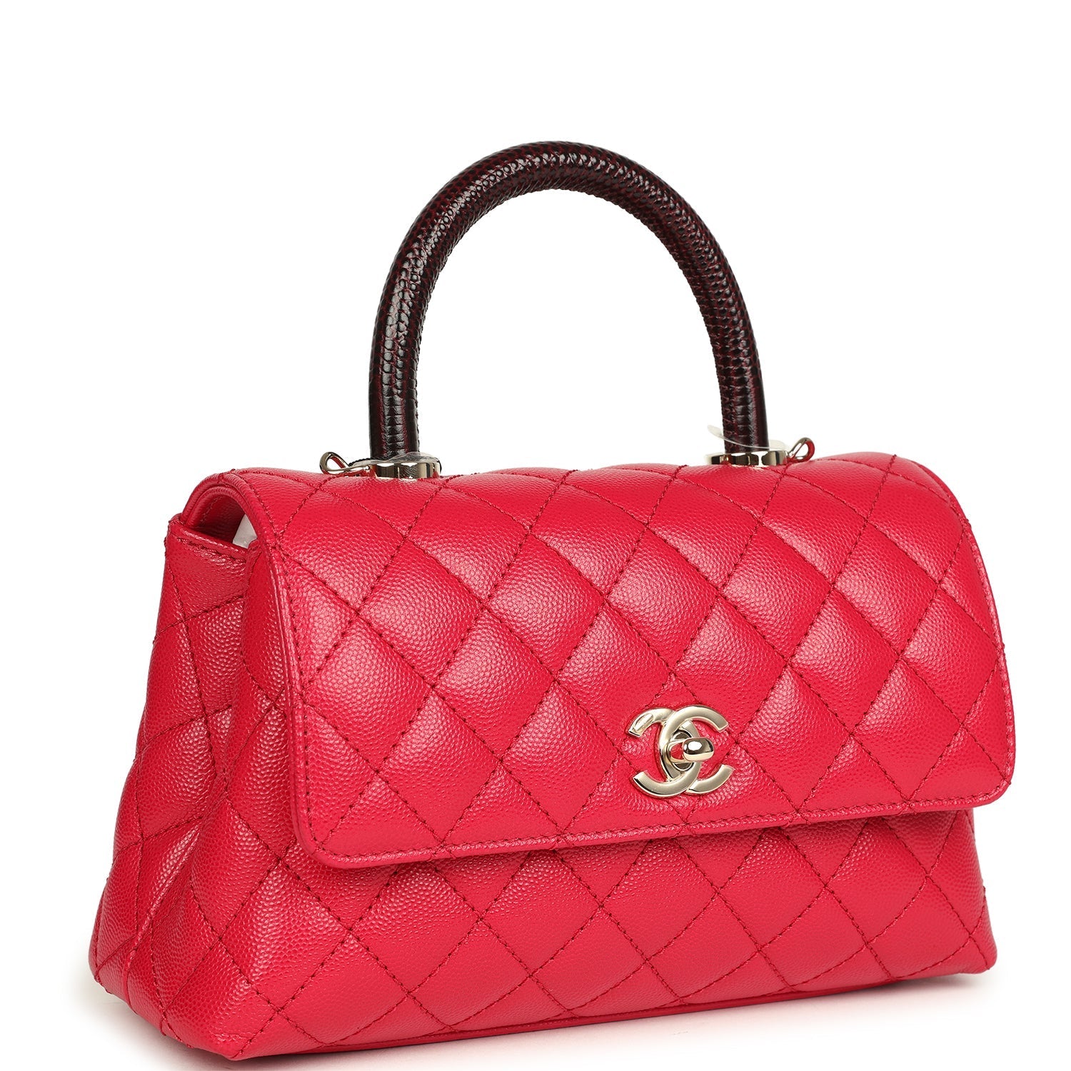 Mini Coco Top Handle Flap Bag Dark Red Shiny Caviar and Burgundy Lizard Light Gold Hardware