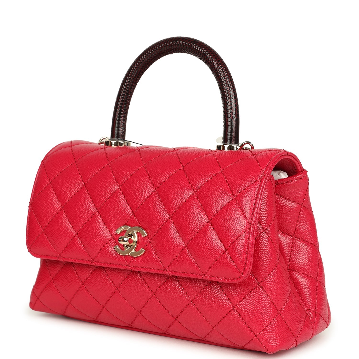 Mini Coco Top Handle Flap Bag Dark Red Shiny Caviar and Burgundy Lizard Light Gold Hardware