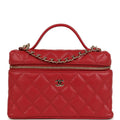 Top Handle Long Vanity Case with Chain Red Shiny Caviar Light Gold Hardware