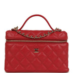 Top Handle Long Vanity Case with Chain Red Shiny Caviar Light Gold Hardware