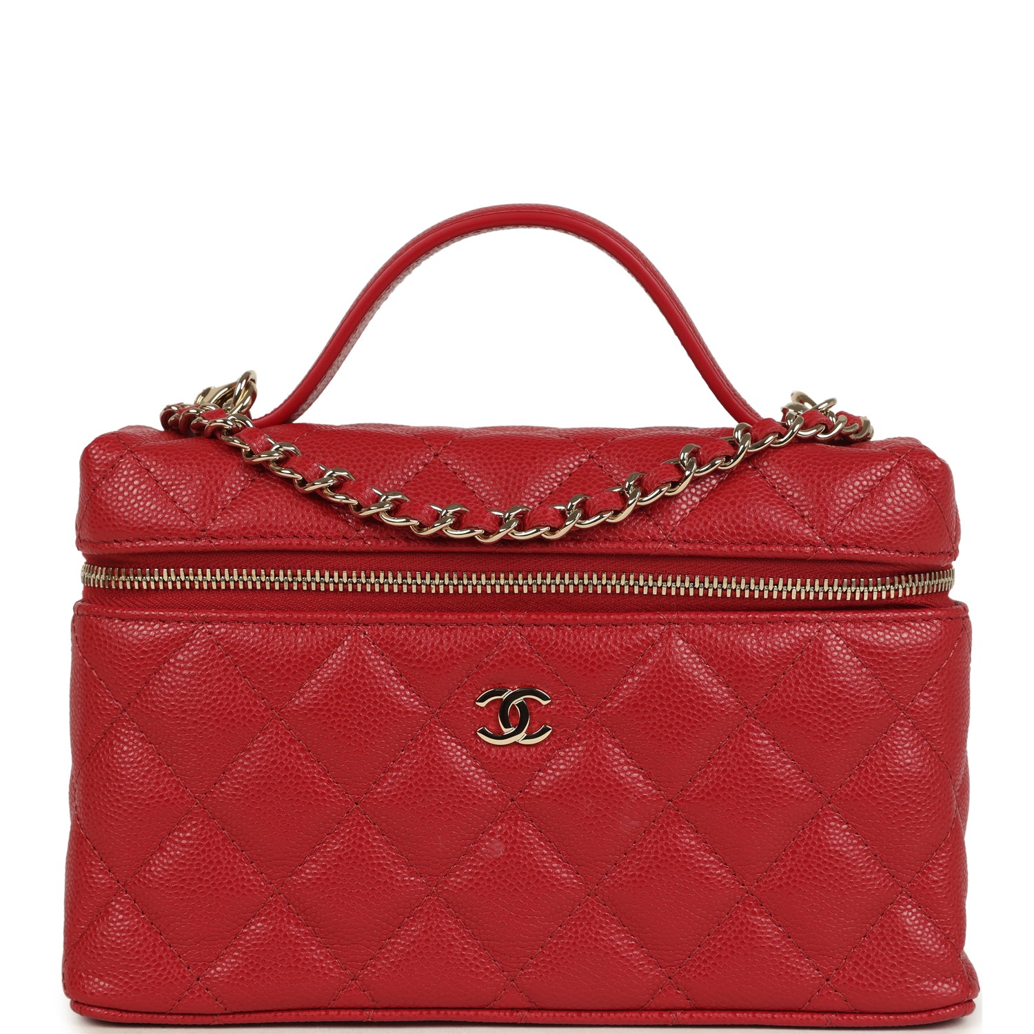 Top Handle Long Vanity Case with Chain Red Shiny Caviar Light Gold Hardware