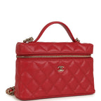 Top Handle Long Vanity Case with Chain Red Shiny Caviar Light Gold Hardware