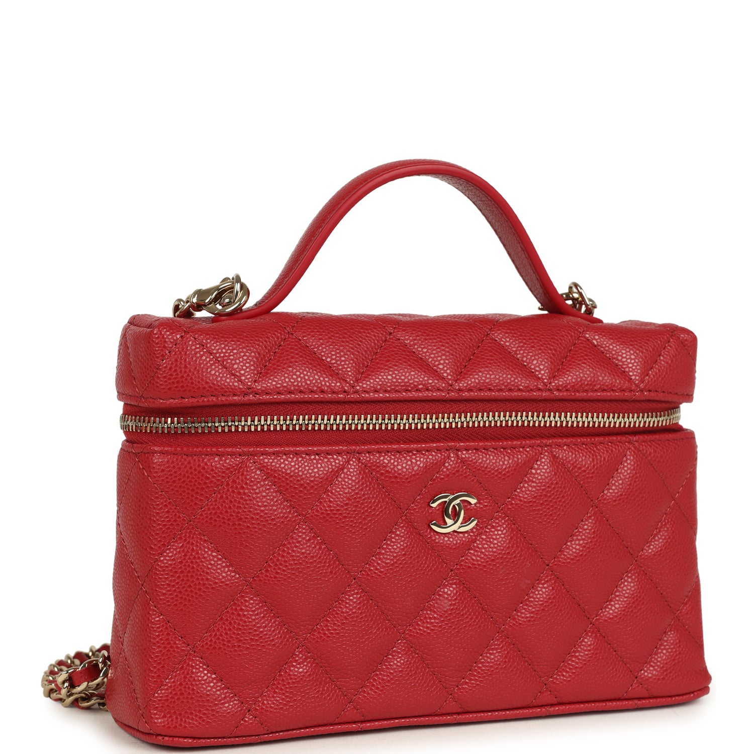 Top Handle Long Vanity Case with Chain Red Shiny Caviar Light Gold Hardware