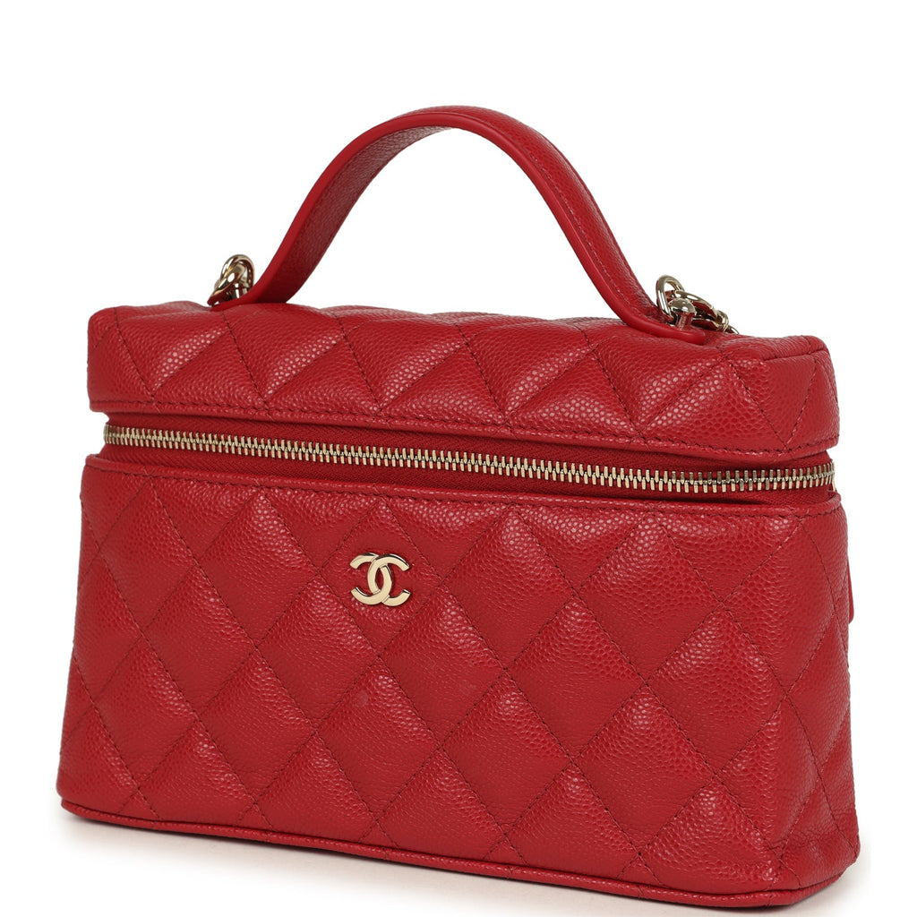 Top Handle Long Vanity Case with Chain Red Shiny Caviar Light Gold Hardware