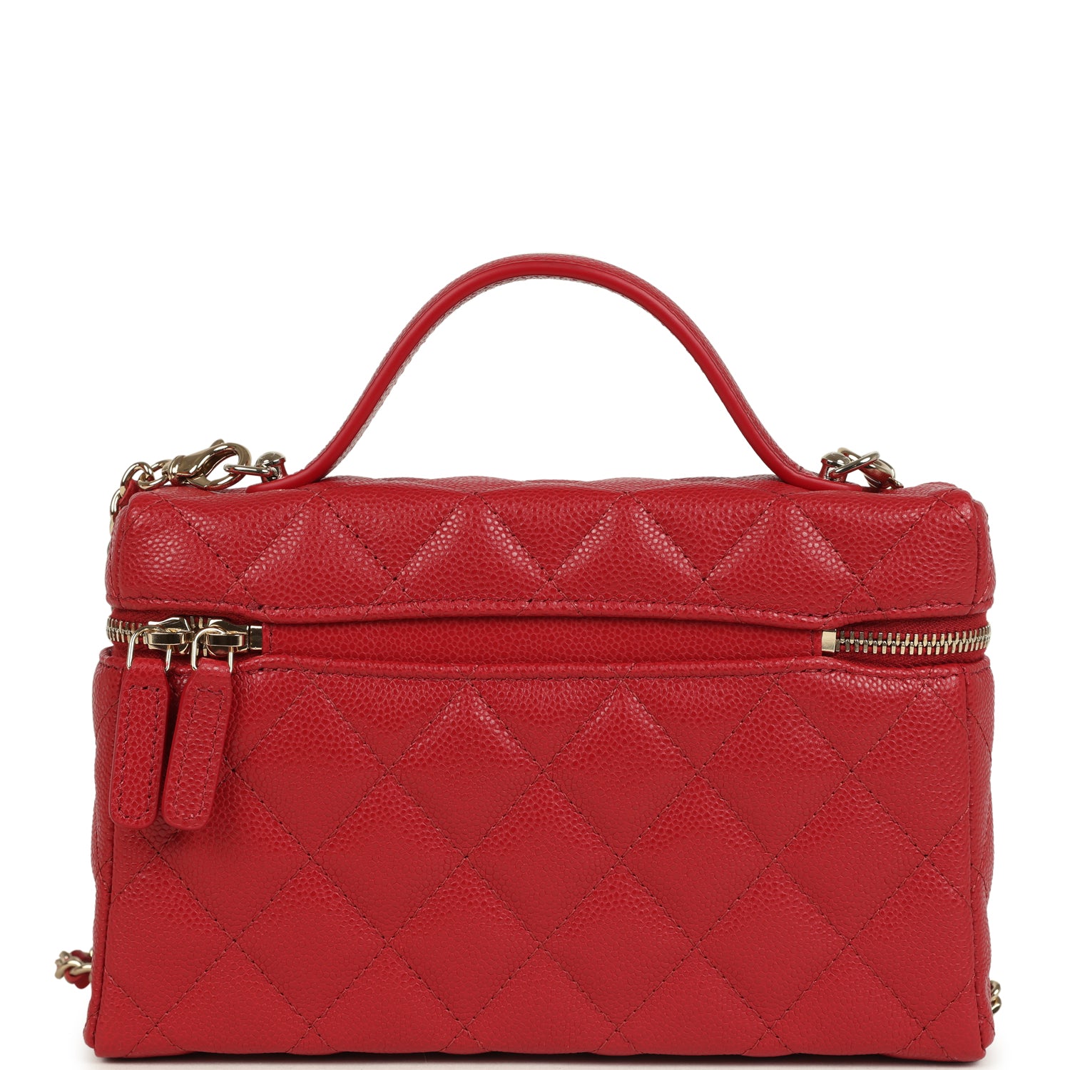 Top Handle Long Vanity Case with Chain Red Shiny Caviar Light Gold Hardware