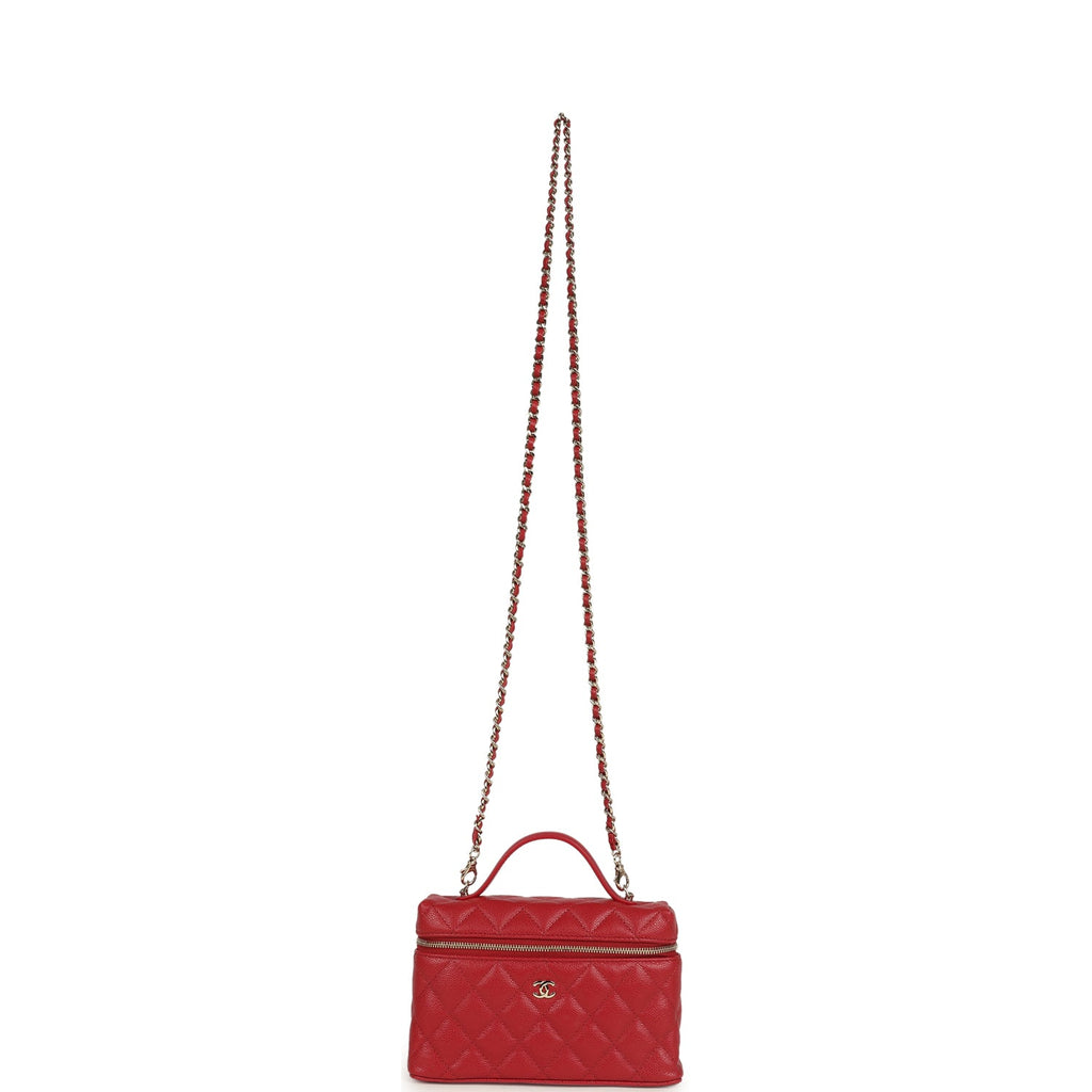 Top Handle Long Vanity Case with Chain Red Shiny Caviar Light Gold Hardware