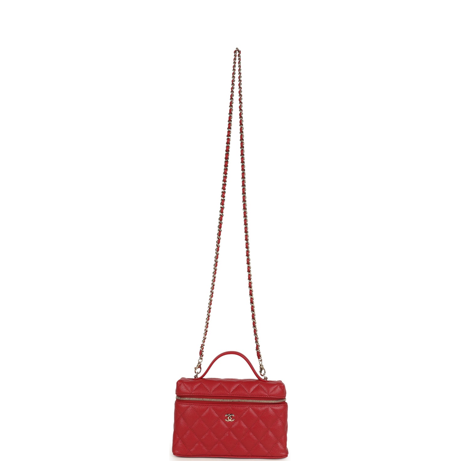 Top Handle Long Vanity Case with Chain Red Shiny Caviar Light Gold Hardware